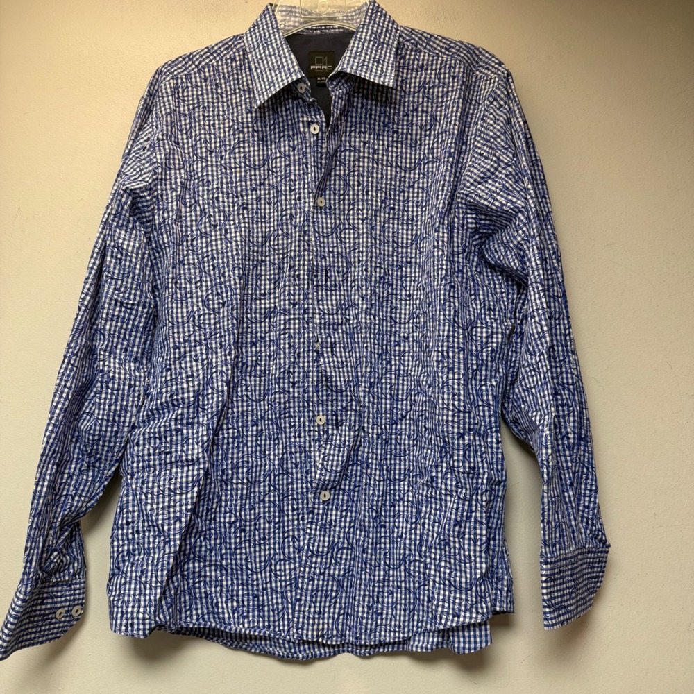 81 Parc Button Down Shirt Mens XL Blue Excellent Gingham Paisley Cotton 14689